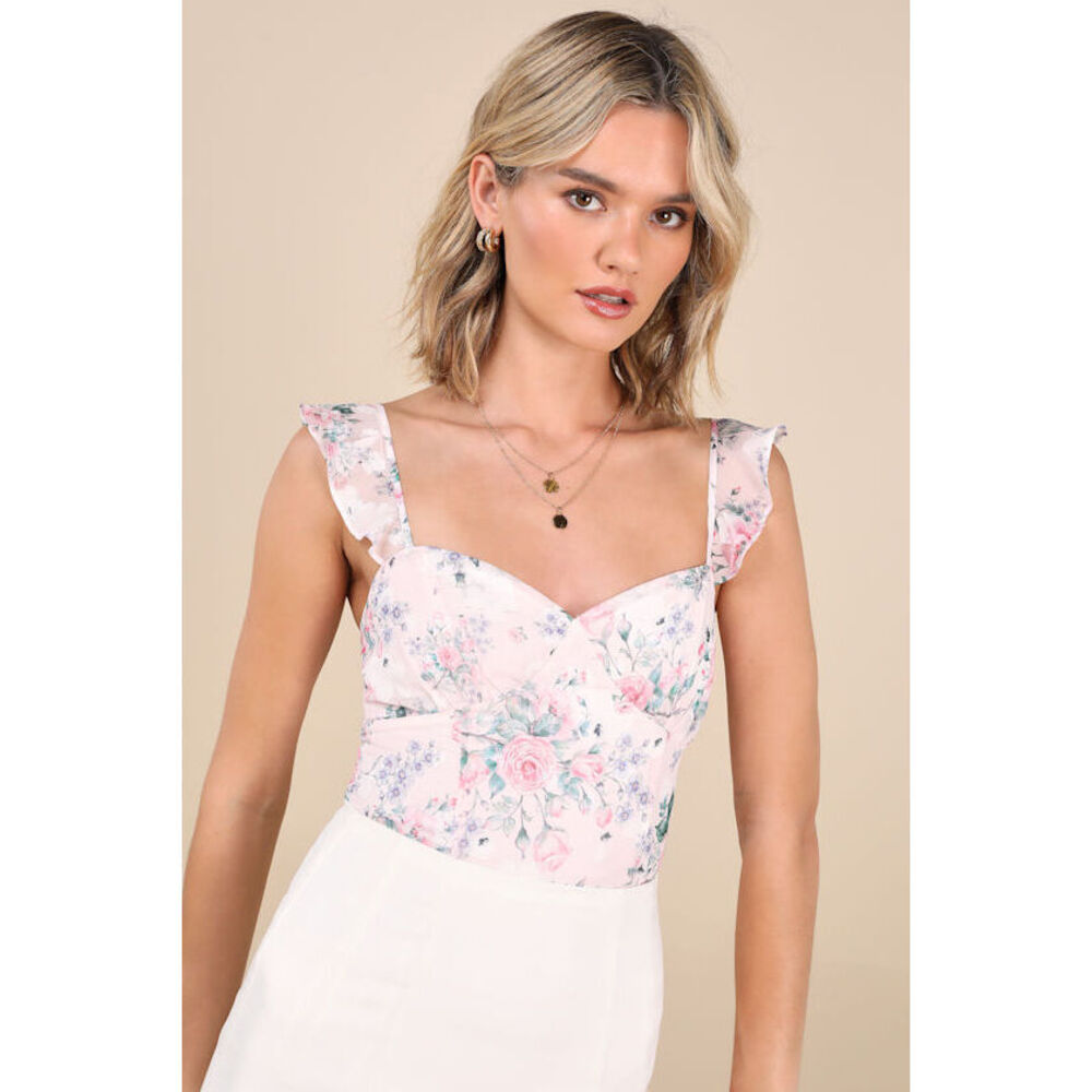 Lulus Niella Blush Floral Ruffled Bodysuit Pink - Size M